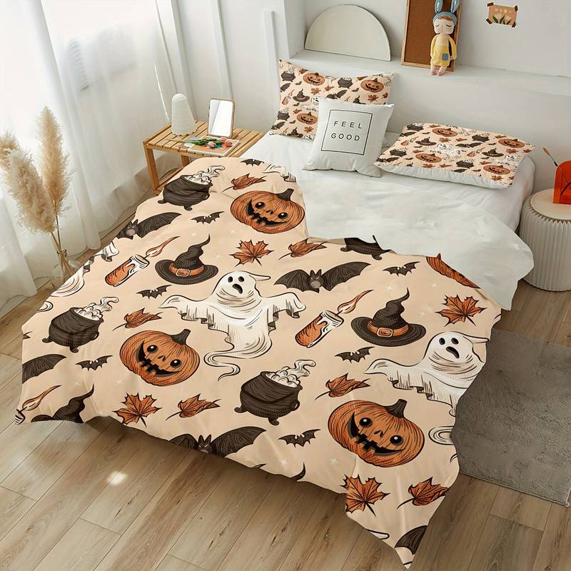 Halloween Bedding Set Pumpkin Ghost Bat Witch Hat Pattern Duvet Covers