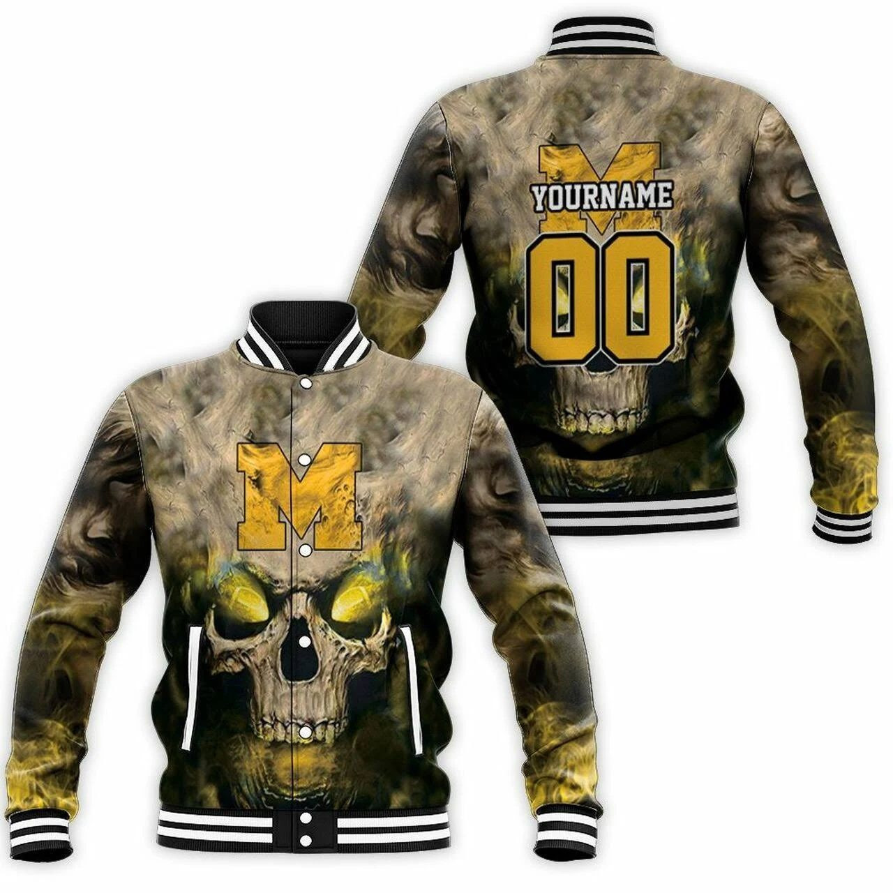Michigan Wolverines Skull Custom Name Number Baseball Jacket