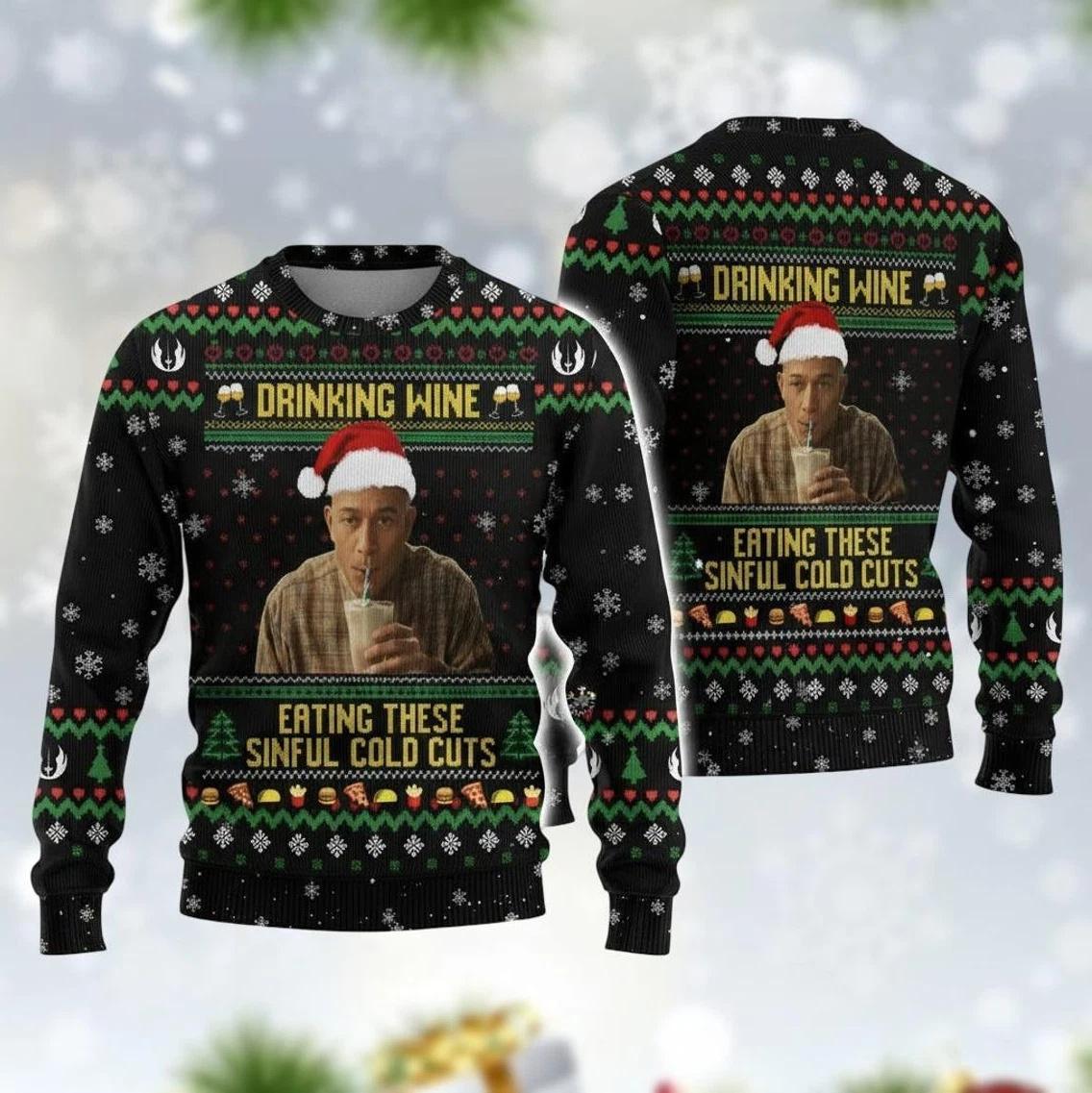 Charlie Hunnam Drinking Wine Eating These Sinful Cold Cuts Ugly Christmas Sweater