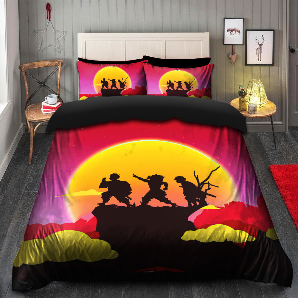 Demon Slayer Bedding Set Tanjiro Team In Sunset Silhouette Duvet Covers Yellow