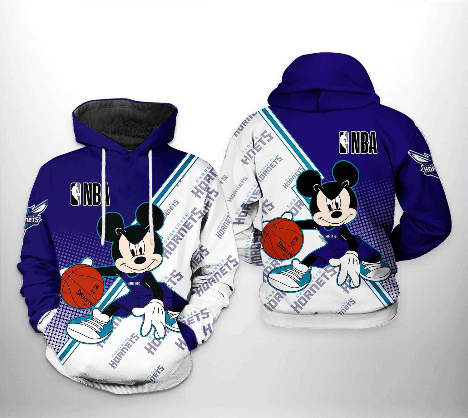 Charlotte Hornets Mickey 3D All Over Print Hoodie & Zip Hoodie