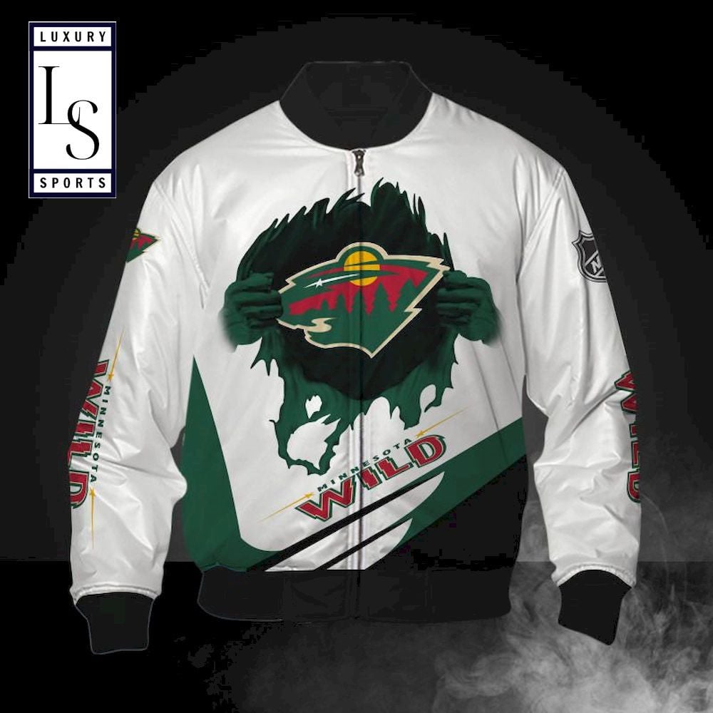 Minnesota Wild White Green Logo Pulling Hand Bomber Jacket