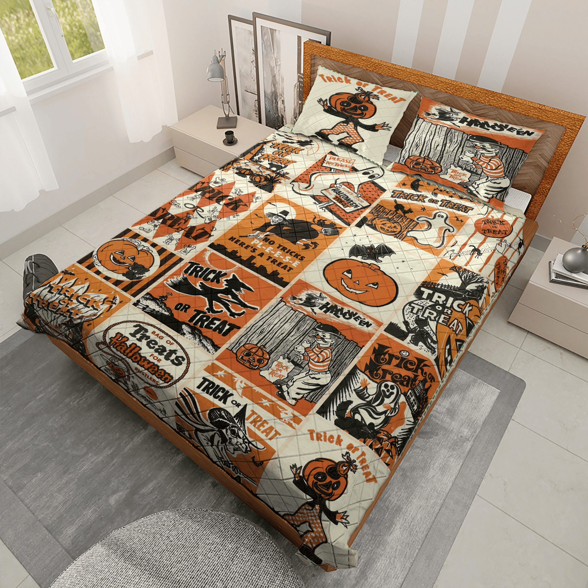 Halloween Bedding Set Retro Vintage Spooky Season Halloween Duvet Covers Orange