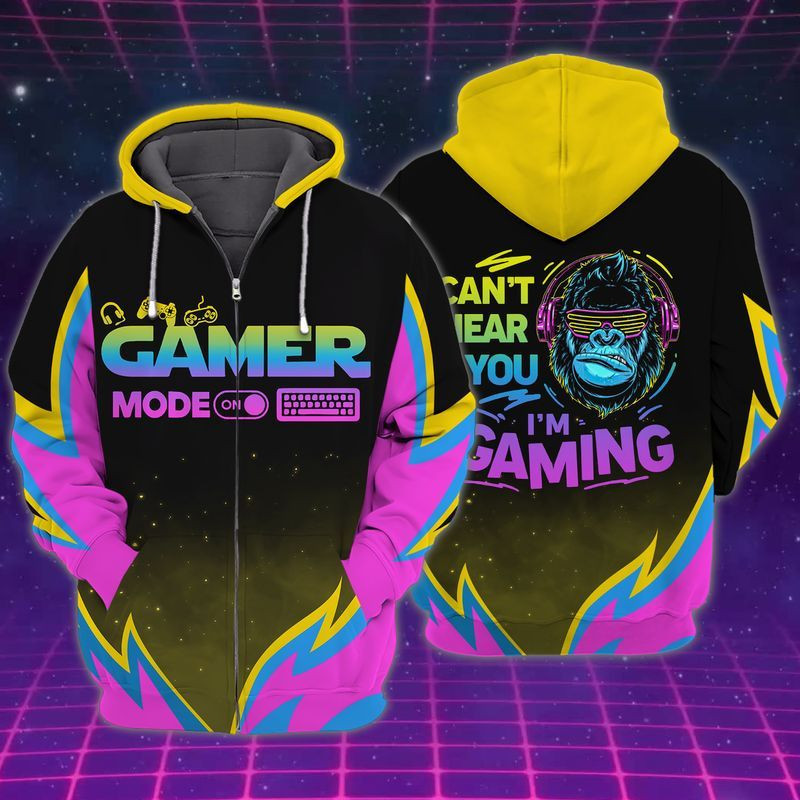 Gamer Monkey Can't Hear You I Am Gaming 3d Hoodie Zip Hoodie
