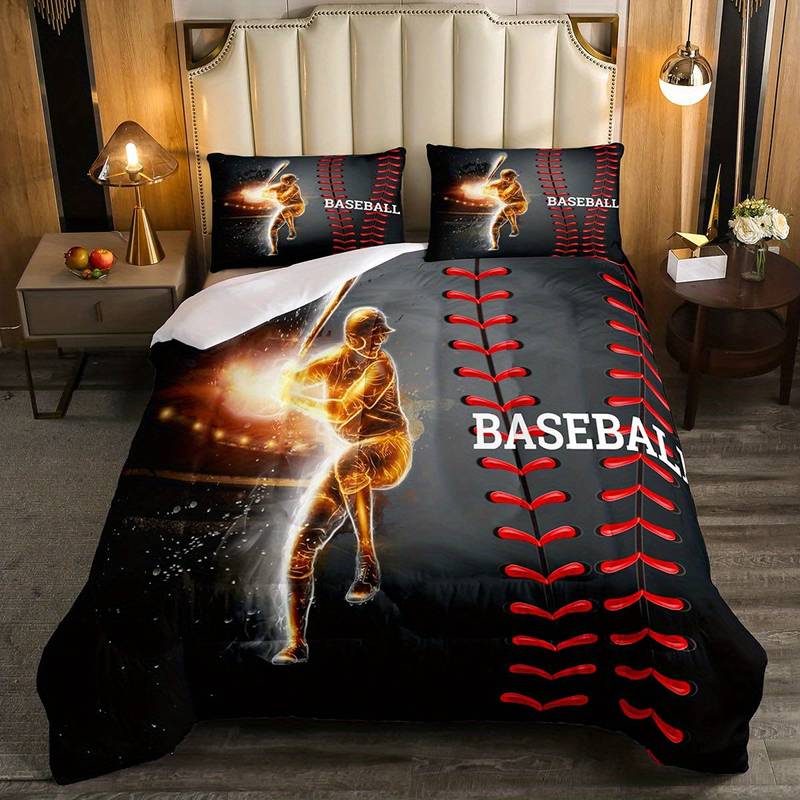 Baseball Bedding Set Baseball Player Fire Stitches Pattern Duvet Covers