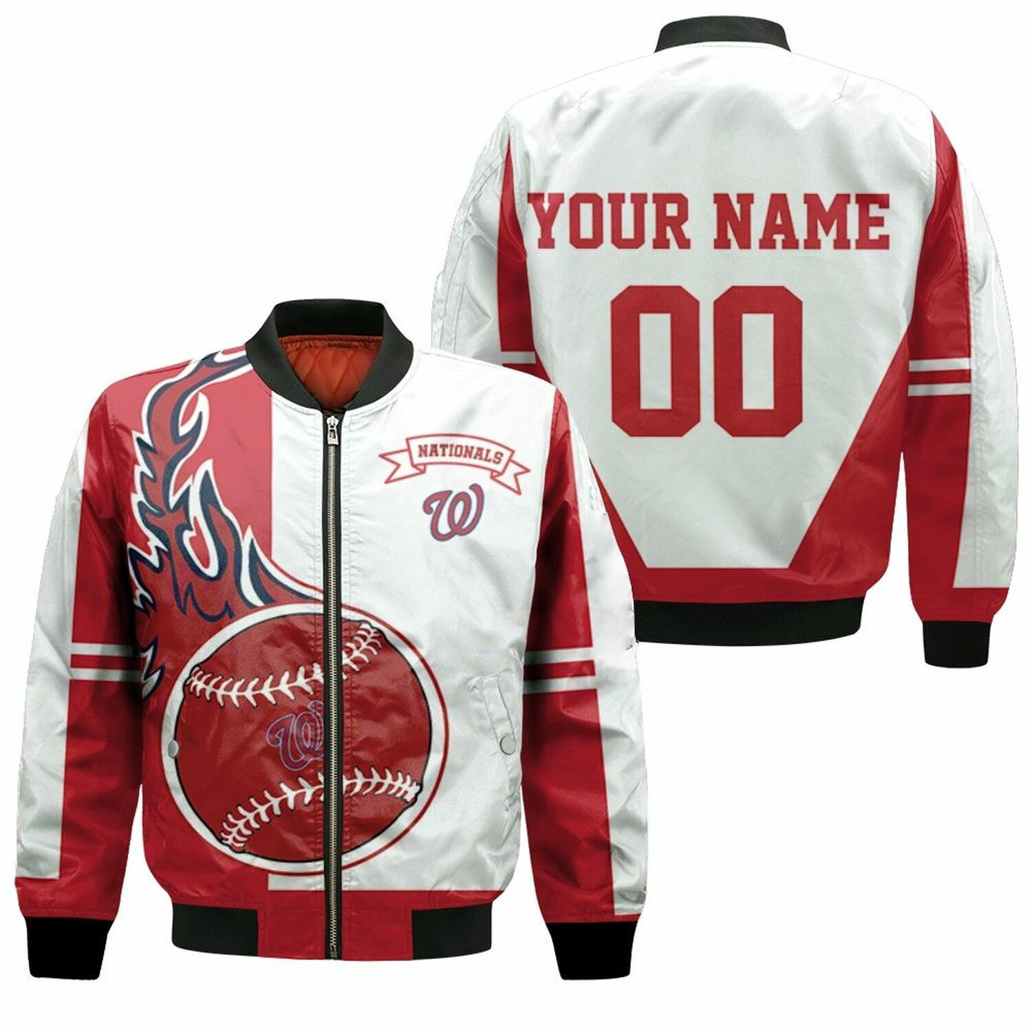 Washington Nationals Custom Name Number Red White Bomber Jacket