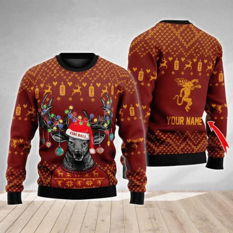 Personalized Fireball Christmas Reindeer String Lights Ugly Christmas Sweater