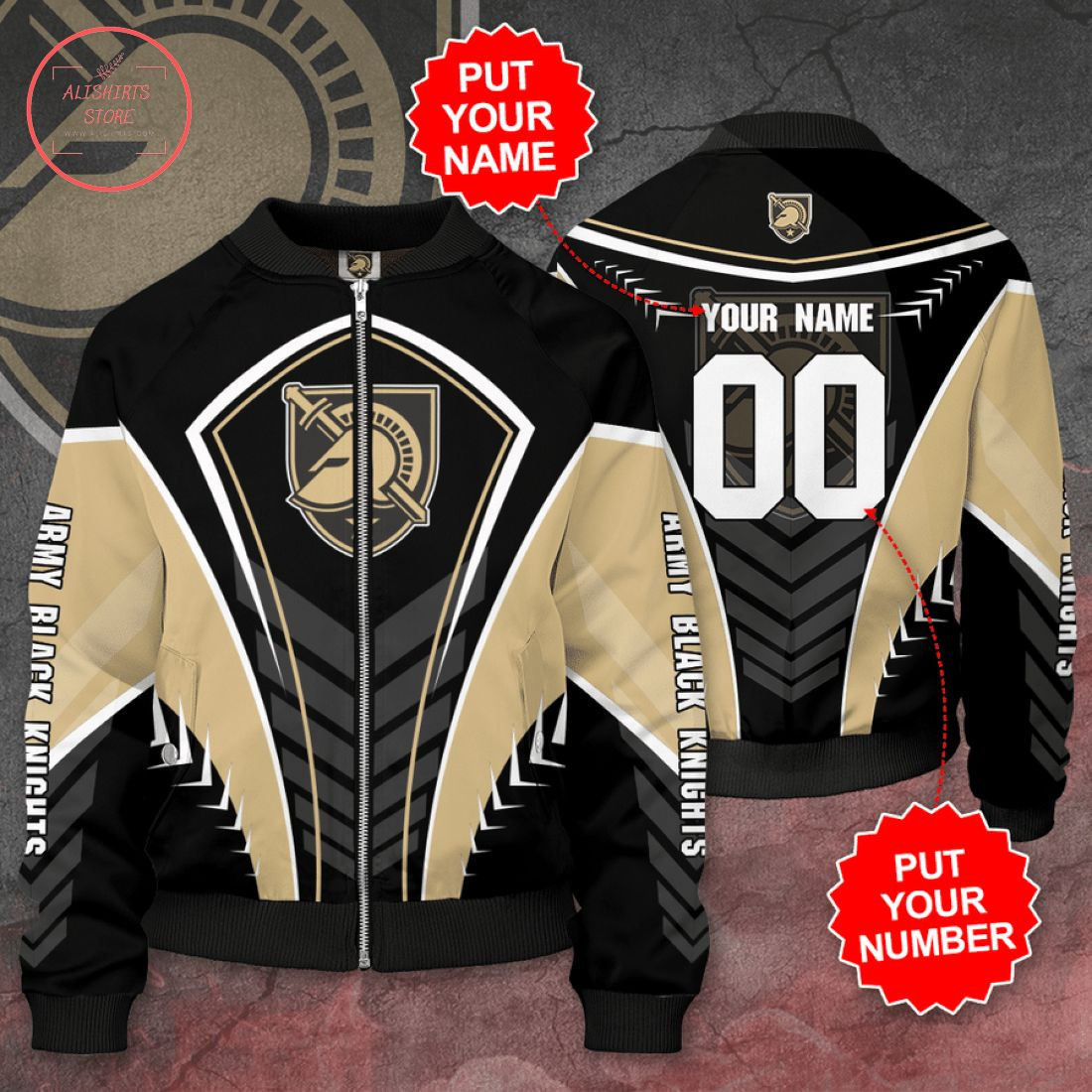 Army Black Knights Custom Name Number Gold Black Bomber Jacket