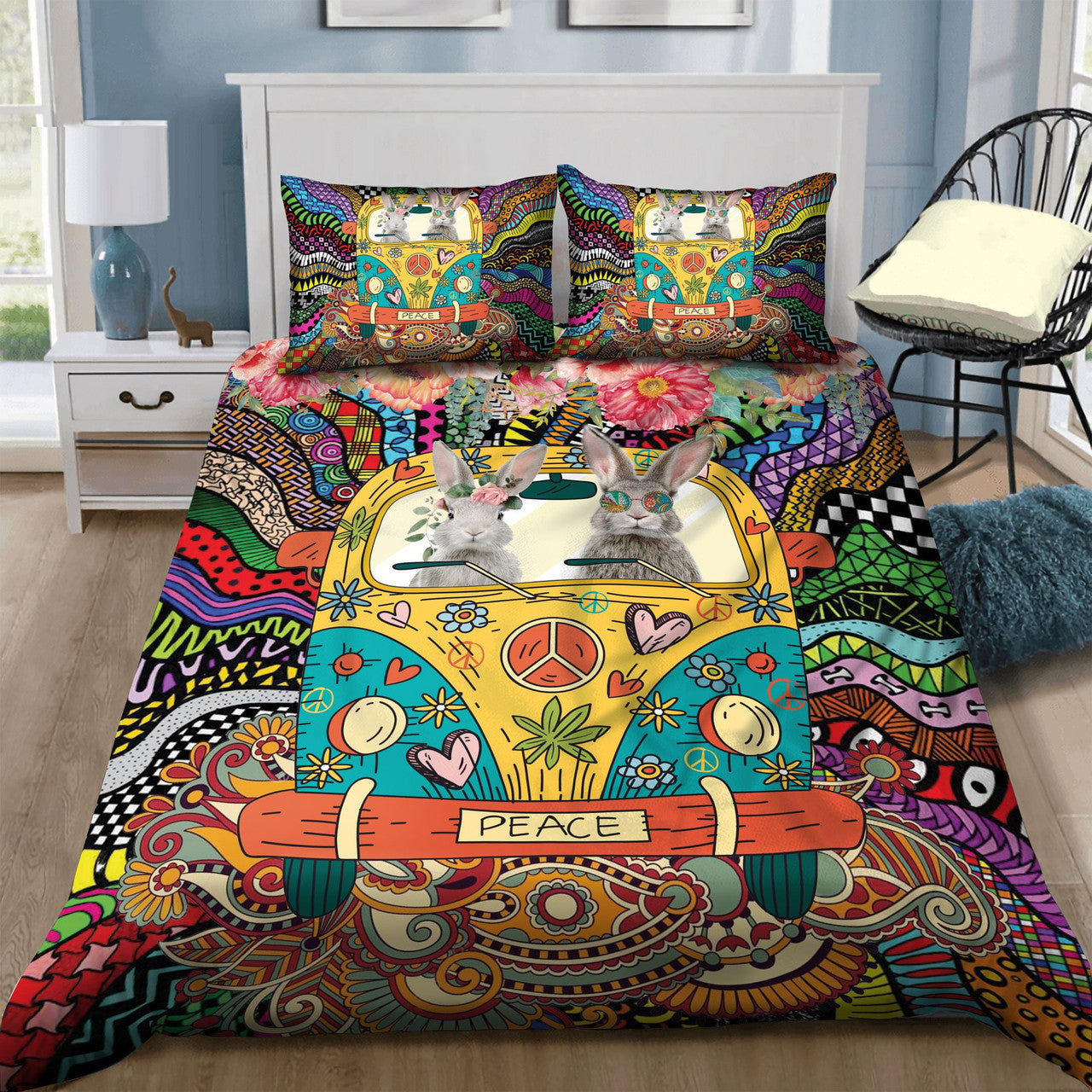 Hippie Bedding Set Rabbit Hippie On Peace Van Duvet Covers