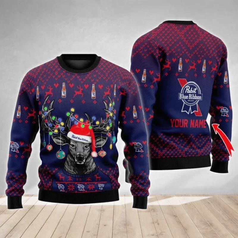 Personalized Pabst Blue Ribbon Christmas Reindeer String Lights Ugly Christmas Sweater