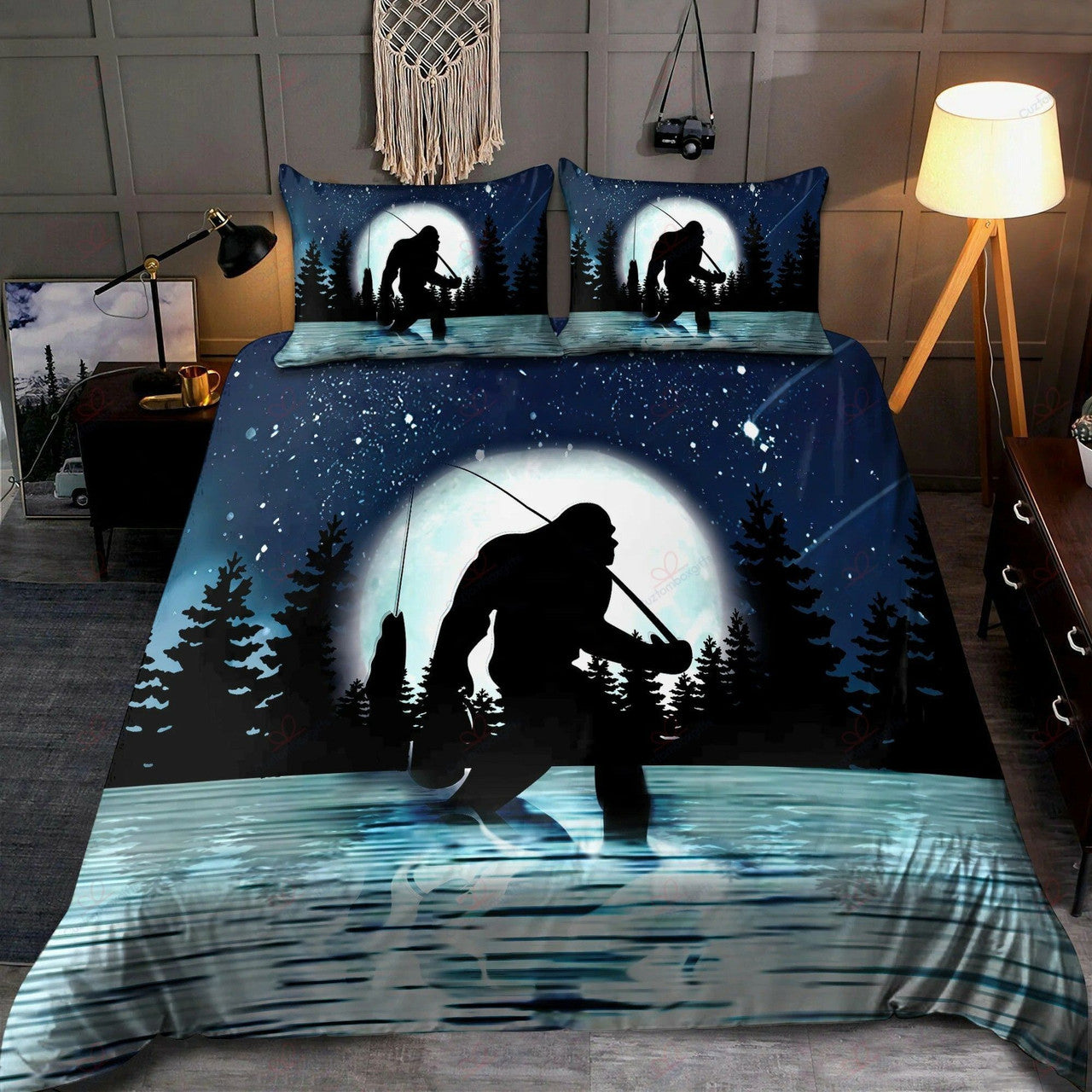 Bigfoot Bedding Set Bigfoot Night Fishing Under Moon Light Duvet Covers