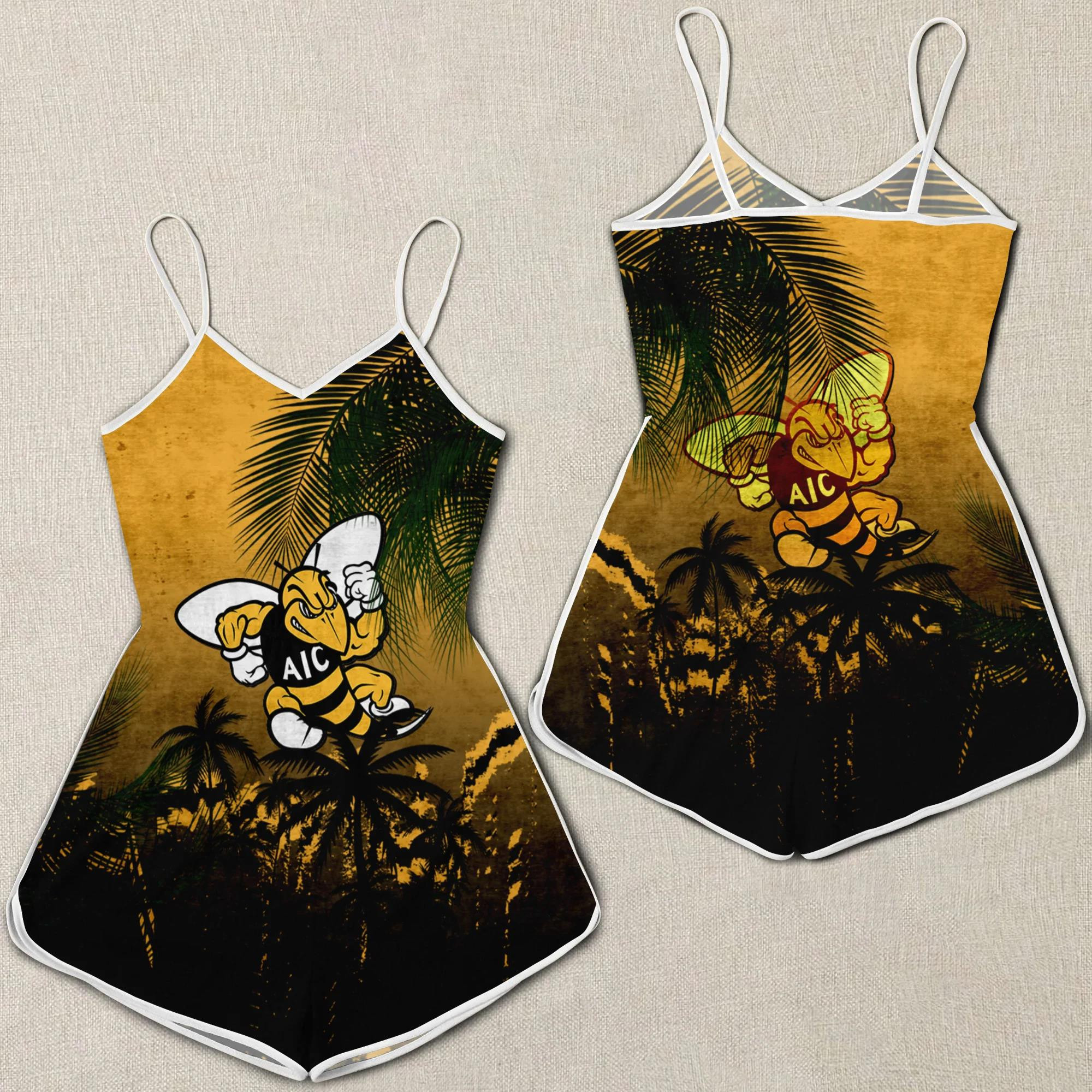 American International Yellow Jackets Romper Jumpsuit 3D Printed Coconut Tree Tropical Grunge