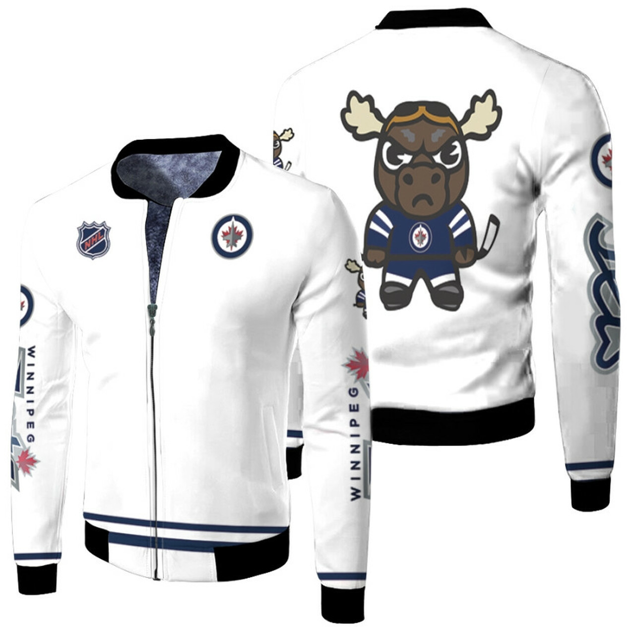 Winnipeg Jets Mick E. Moose Logo Mascot White Bomber Jacket