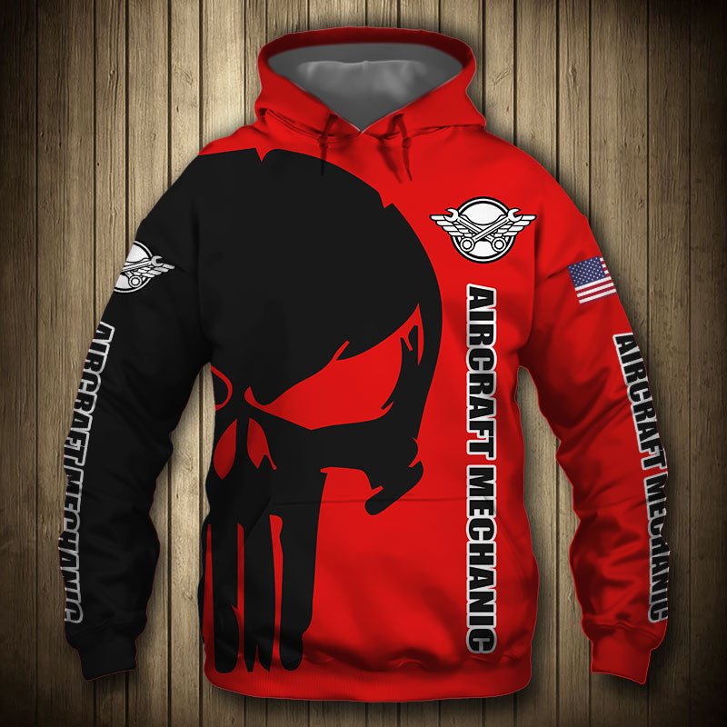 Aircraft Mechanic Punisher Skull US Flag Red Black 3D All Over Print Hoodie & Zip Hoodie