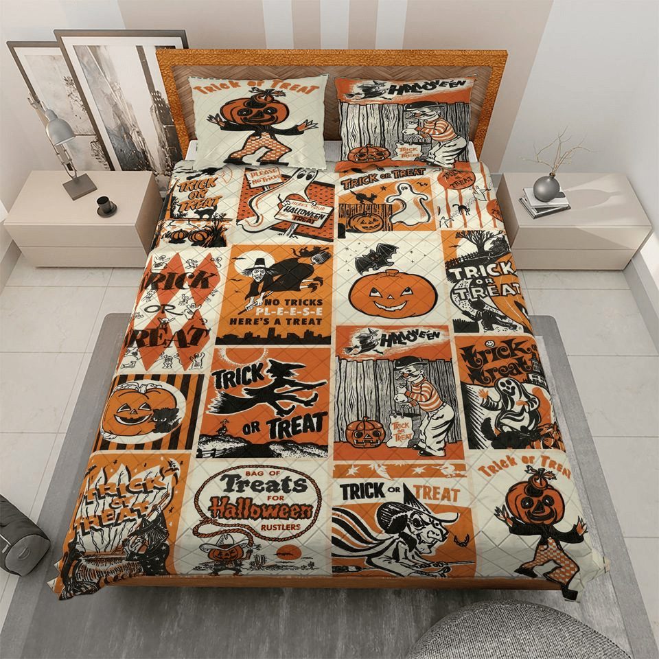 Halloween Bedding Set Retro Vintage Spooky Season Halloween Duvet Covers Orange