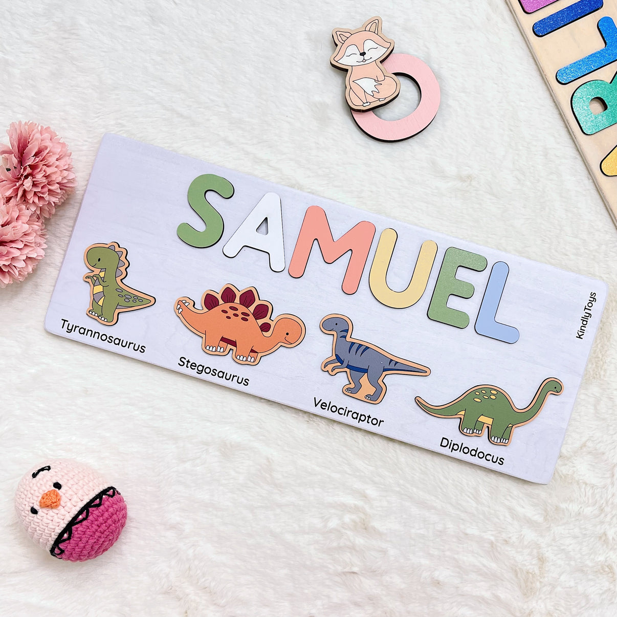 Cute Dinosaurs Personalized Name Puzzle - Wooden Montessori Toys, Birthday Gifts for 1 year old boy