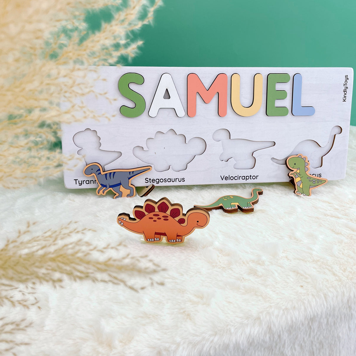Cute Dinosaurs Personalized Name Puzzle - Wooden Montessori Toys, Birthday Gifts for 1 year old boy